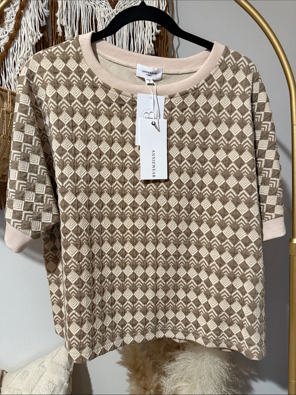 Annie Beige and Cream Geometric Knit Top
